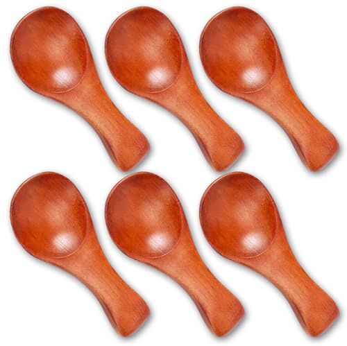 6 st. träskedar små 8,5 cm kryddskedar mini saltsked kort handtag serveringsbestick av trä mini träsked för dessertsked sockersked kaffe kryddor