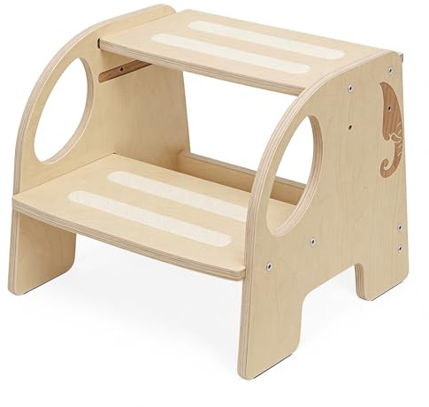 Tritthocker Kinder Holz 2 Stufen, Hocker Kinder mit rutschfeste Trittfläche, Rutschfesten Fußpolstern und Tragbaren Griffen, Kinderhocker für Bad, Küche, Tragfähigkeit bis zu 150KG