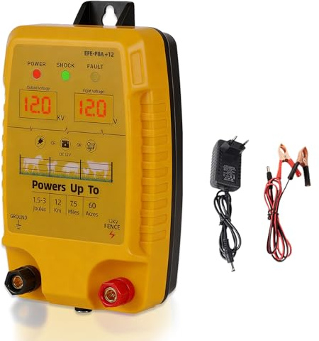 Weidezaungerät 12V mit LED Anzeige, 1.5 Joule, 10 KM Reichweite, Wasserdicht, Elektrischer Zaun für Nutztiere, Haustiere, Geflügel, Gärten