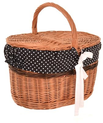 Aqbau Picknickkorb mit Deckel 40 cm, Weidenkorb mit Henkel Schwarz | Naturweide, zweiteiliger Deckel, schwarze Stoffeinlage mit weißen Punkten, ca. 40 x 28 x 25 cm, Höhe mit Henkel 40 cm