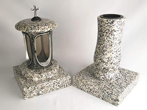 designgrab Runde Grablampe mit Kreuz & Vase aus Granit im Set mit 2 Sockeln – handgefertigt, wetterfest & poliert – Schlesisch – grau gesprenkelt