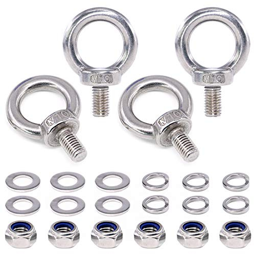Swpeet 22 Stück 304 Edelstahl M10 Außengewinde Hebering Ösenbolzen Kit, inklusive 4 Stück M10 Ösenschraube mit 6 Stück Sicherungsmutter, 6 Stück Unterlegscheiben und 6 flache Unterlegscheiben