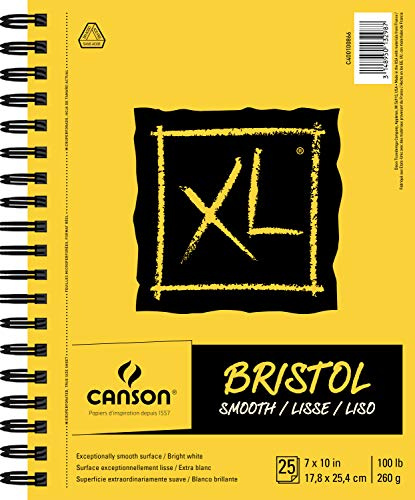 Canson XL Series Bristol Paper, Smooth, Wirebound Pad, 7x10 inches, 25 Sheets (100lb/260g) - Artist Paper for Adults and Students - Markers, Pen and Ink