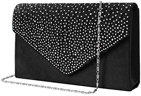 MaoXinTek Satin Pochette Mariage Soirée Sac à Main Bandouliere pour Femme pour Fête Cocktail Mariage Cadeau, Élégant Enveloppe Bourse Chaine Diamant Pour Dame Fille, Noir