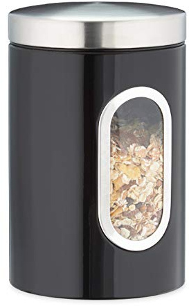 Relaxdays Set of 4 Storage Canisters, Lid, Window, 1.4 L, for Coffee, Kitchen Pantry Container, Jar, Metal, Black