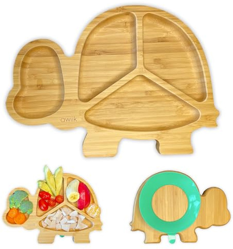 AWIIK - Plateau en bambou avec grande ventouse pour bébés et petits enfants. Plateau BLW antidérapant avec aspiration. Plateau pour enfant anti-retournement pour apprendre à manger BLW (Turtle)