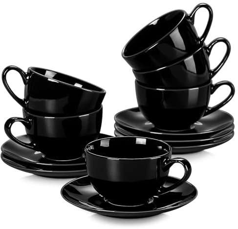 LOVECASA Serie Sweet Servizio da Caffè in Porcellana per 6 Persone, Set da 12, 6 Tazza da Cappuccino e 6 Piattini, 230 ML, Nero