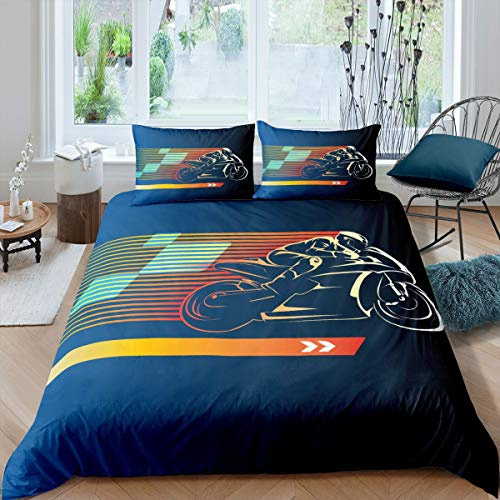 Homemissing Juego de funda de edredón para motociclistas de motocross, ropa de cama deportiva extrema para niños, niñas, adolescentes, funda de edredón de motocicleta, ropa de cama y lino, vintage, 2