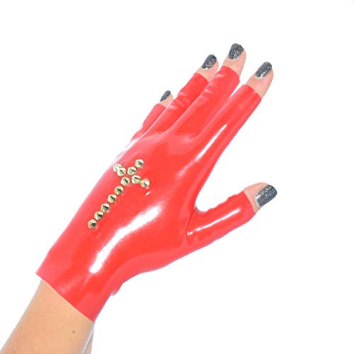 Rubberfashion Latex Gloves - Rubber Gloves with Cross - Short fingerless Gloves for Women and Men to Wrist M/glove size: 8 Red 0.4mm