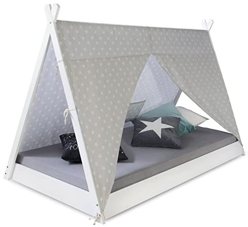 Homestyle4u 2084 Tipizelt Kinderbett Mit Lattenrost Matratze 90x200 cm Weiß Holzbett Bodentief Indianer Zelt Bett