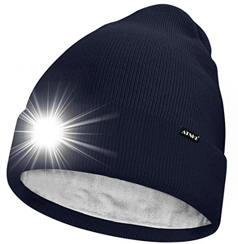 ATNKE LED Mütze mit Licht,Wiederaufladbare USB 4 LED Beleuchtete Laufmütze Extrem Heller Lampe Winter Warme Gefüttertes Fleece Stricken Mütze für Herren und Damen Geschenke/Navy Blue