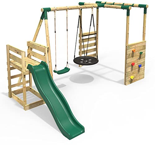 Rebo® Wooden Swing Set with Monkey Bars, Deck and 6ft Slide - Satellite Green | OutdoorToys | Kids' Outdoor Wooden Play Equipment for Gardens, Frame and Accessories Included, Weather Resistant