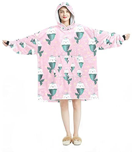 Tragbare Decke Hoodie, übergroße Kapuzendecke, Sweatshirt, Meerjungfrauenschwanz, Einhorn, niedliches Pink, Mehrfarbig, Einheitsgröße