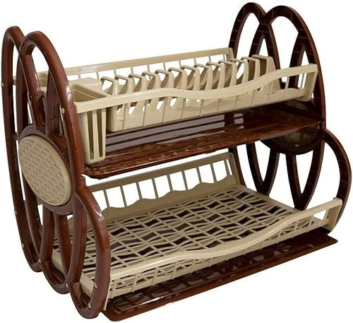 Best House Asude Double Plastic Dish Rack, 2 Tier Double Dish Drainer Rack - Pack of 1 (Brown - Cream Mixed color)