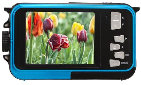 Blue Underwater Digital Camera - 2.7K 48MP, 16X Zoom, Double Screens, 10ft Waterproof