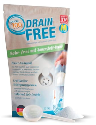 Pure100 Drain Free - kraftvoller Reinigungsschaum - beseitigt jede Verstopfung und Ablagerung in den Rohren - Abflussreiniger - entfernt üble Gerüche - ohne chemische Wirkstoffe - biologisch abbaubar