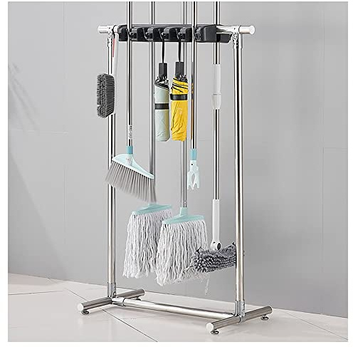 Acero Inoxidable Colgador de Escobas y Fregonas,Carro de Herramientas de Limpieza,Colgador de herramientas de jardín,Soporte para Paraguas, Estante de trapeador,con 5 Posiciones y 6 Ganchos ( Size : 2