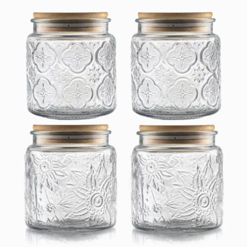 ANSQU Set of 4 Vintage Glass Airtight Storage Jars, 500ml Glass Storage Containers with Bamboo Lids, Canning Jar for Kitchen Counter, Pantry, Cookie, Coffee, Tea, Sugar, Cute Jars