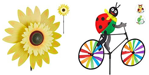 Relaxdays Windrad Blume & Windrad Marienkäfer, Gartenstecker in tierischem Design, Kinder, Balkon oder Terrasse, 85 cm hoch, Mehrfarbig