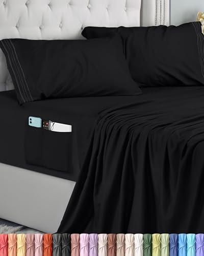 Utopia Bedding Juego de Sabanas 4 Piezas 150x200 - Microfibra De Poliéster, Sábana Bajera con Bolsillos de Almacenamiento, Sábana Plana Y 2 Fundas De Almohada Bordadas (Cama 150, Negro)