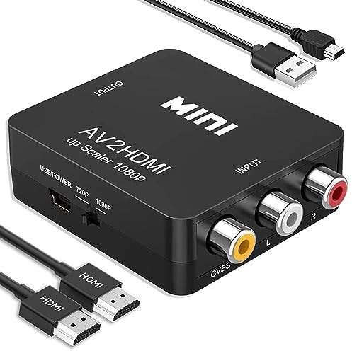 Chodwe RCA to HDMI Converter, 1080P Mini RCA Composite CVBS AV to HDMI Video Audio Converter Adapter, Supports PAL/NTSC for N64 Wii PS2 PS3 Xbox VHS VCR Camera DVD - with HDMI Cable