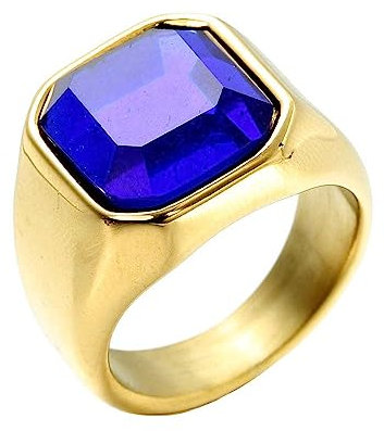 OAKKY Herren Edelstahl Retro Quadratischer Achat Siegelring Statement Paar Ringe Vergoldet, Blau Stein Größe 70 (22.3)
