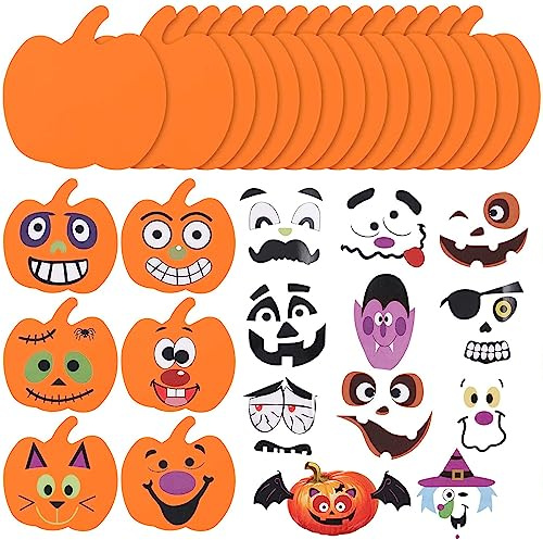 Jusduit Halloween Kürbis Deko Halloween Basteln Kinder,Halloween Bastelset mit 16 SchaumKürbis und 16 Kürbis Gesicht Sticker,DIY Kürbis Bastelset für Halloween Party Dekoration