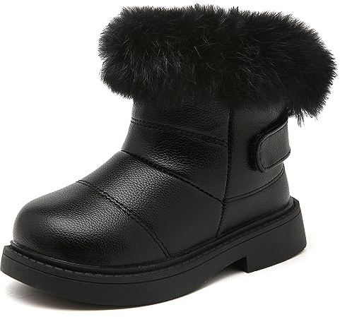 Meik Mangni Bottes de Neige Bébé Fille Antidérapant Sole Souple Bottes d'hiver Enfants Fourrure Doublé Chaussures d'hiver Antidérapant Botte PU Imperméable Boots,Noir,Taille 24 EU