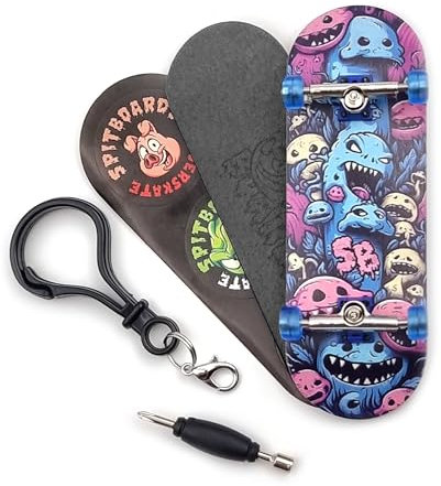 SPITBOARDS 32 x 96 mm Fingerboard Complete Wood Set-Up Assembled, 5-Layers, Silver Trucks with Bushings and Nuts, Transparent CNC Bearing Wheels, Lasered Foam Grip Tape Cute Critters
