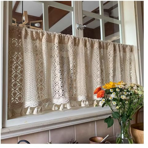 Boho Quasten Küchengardine, Bistrogardine ländlicher Stil, Gehäkelte Hohlspitze Scheibengardine, Kurze Vorhänge für Schlafzimmer/Wohnzimmer/Keller