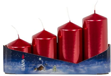 Ebersbacher Kerzenfabrik – 4er Tray Stumpenkerzen für Adventskranz – Weinrot Metallic – Ø 50 × H 65/80/95/110 mm – vier verschiedene Größen – hochwertige Adventskerzen für Weihnachtsdeko