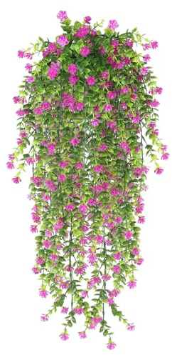 HBell 2Pcs Artificial Hanging Flowers,UV-Resistant Fake Hanging Plants Flower Bouquet Hanging Vine Plants Drooping Plants for Wall Home Garden Yard Patio Wedding Indoor Outdoor Decoration (Fuchsia)