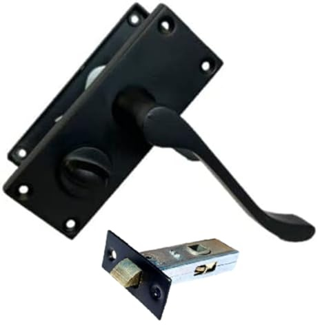 Epsom Door Handle Matt Black Scroll Door Handle Set - Victorian Style Internal and External Lever Door Handles with Backplate (Privacy Bathroom + Tubular Latch)