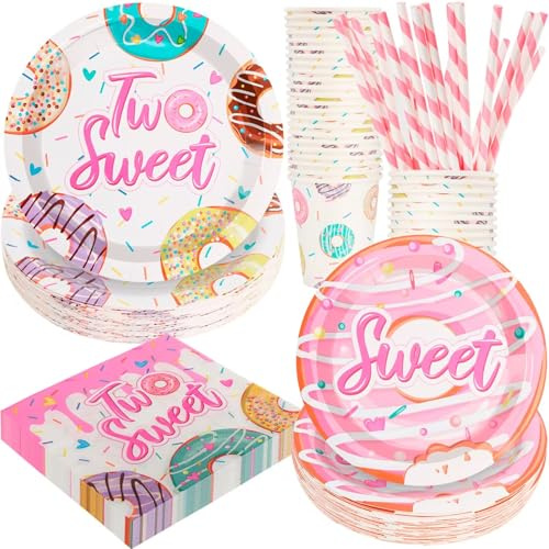 120 Pièces Décorations de Fête d'Anniversaire sur le Thème de Deux Doux, Fournitures de Fête sur le Thème de Donut, Vaisselle Jetable | Pour 24