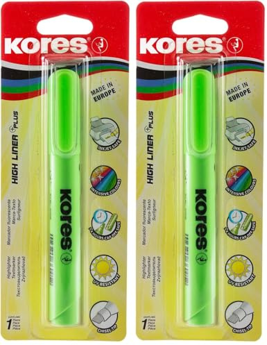 Kores - High Liner Plus: Green Fluorescent Highlighter Pens, Chisel Tip and Water-Based Ink, School and Office Supplies, Single Pack (Pack of 2)