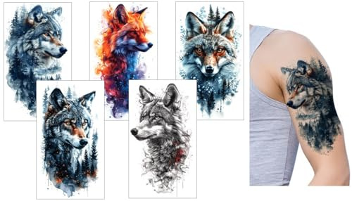 5 Blätter Temporäre Fuchs Tattoo Fake-Wolf Tattoo Tier Tattoos FoxWolf5