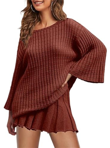 Damen-Lounge-Set, übergroß, 2-teilig, Pulloverrock-Sets, langärmeliges Strickoberteil und plissierter A-Linien-Minirock, braun, S