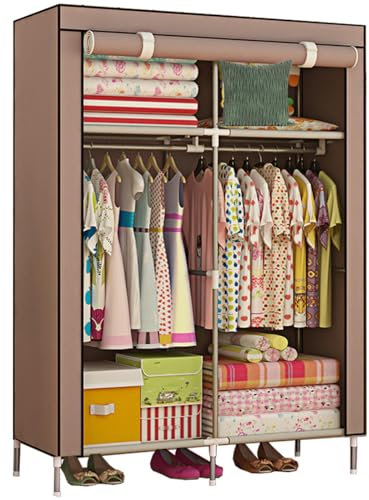 Stoffgarderobe,Tragbarer Canvas-Garderobenschrank,Stoffgarderoben für Schlafzimmer mit Kleiderstangen,90 * 46 * 168cm,Einzelschrank für Kleidertaschen, Spielzeug, Schuhe,Braun