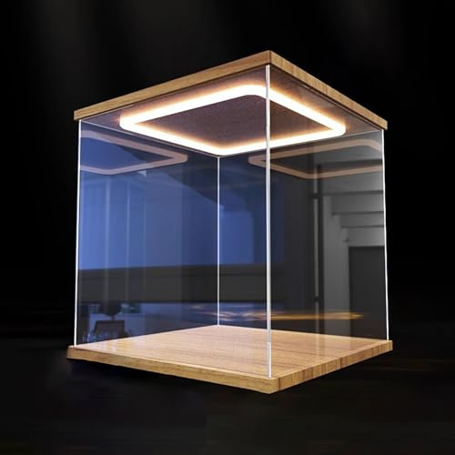 Jievmrs Vitrine Acryl-Vitrine mit Durchsichtigem LED-Würfel, Staubdichte Vitrine mit Holzsockel für Sammlerstücke, Aufbewahrungsbox für Figuren/Puppen, zu Öffnende Tür(40x40x30cm(16x16x12))