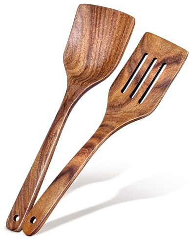 2Pcs Wooden Spatula, Acacia Solid & Slotted Turner Spatula Set, Long Handle Flat Frying Spatulas, Ideal Kitchen Gift for Mother and Grandma, Kitchen Utensils Set for Cooking, Frying, Baking
