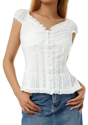 Cusghjbsg Women Y2K Ruffle Shirts Casual Solid Color V Neck Cap Sleeve Button Down Slim Fit Frill Top Summer Fairy Grunge Babydoll Blouse (White A, S)