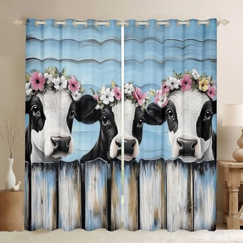 Loussiesd Lindas cortinas opacas de vaca lechera del 30% al 50% (2 paneles, 66 pulgadas de ancho x 72 pulgadas de largo) cortinas de animales de granja de dibujos animados para dormitorio, sala de