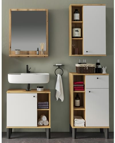 Lomadox Badmöbel-Set 4-teilig mit Waschbeckenunterschrank 60 cm, Spiegel mit Ablage, in Eiche und weiß, modern