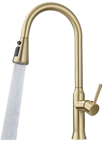 EUJOISE Robinet Cuisine Doré Avec Douche Amovible, Mitigeur Douchette Cuisine Haut Peut Pivoter à 360 °Mitigeur de Lavabo, Mélangeur de Cuisine à Aau Avec 3 Fonctions (Doré Brossé)