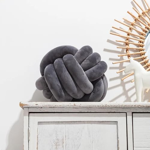 Fay Bless Round Knot Ball Pillow – Soft Velvet Decorative Cushion for Sofa, Bed, Floor or Lounge – Hand-Knotted Plush Accent Pillow for Interior Styling, Minimalist Design (knot dark grey,22cm)