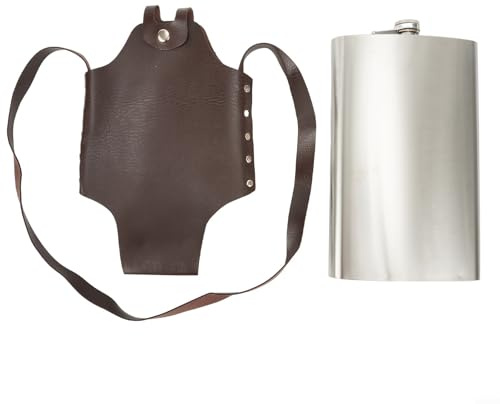 Niceminiwall Flasque en acier inoxydable avec couvercle en cuir, grande bouteille d'alcool portable en métal pour camping et randonnée (0)