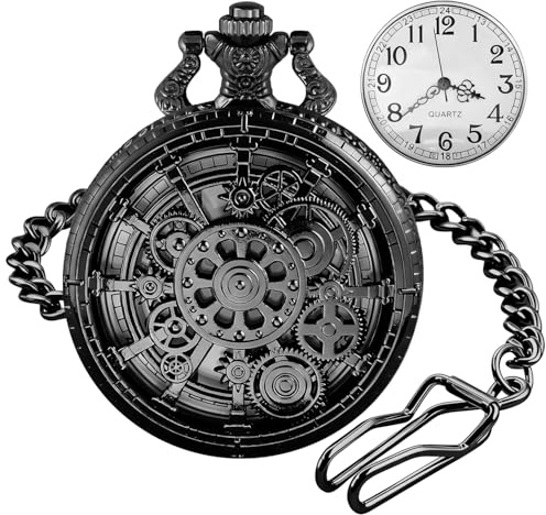Tiong Black Hollowed-Out Multi-Gear Men's Casual Quartz Pocket Watch with White Arabic Numeral Dial