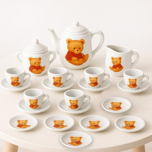 Toyana 21 PCs Kids Mini Tea Set, Pretend Play Ceramic Tea Party Set with Teapot, Jug, Cups & Plates, Tiny Kitchen Accessories, Afternoon Role Play Birthday Gift Toy for Children Ages 3+ Year