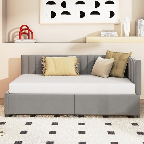DACHETOU Polsterbett Schlafsofa Grau 90x200cm Multifunktionsbett mit 2 großen Stauraumschubladen und Lattenrost hautfreundlicher Samtstoff, ohne Matratze