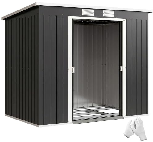 Outsunny Metall Gerätehaus 2,42m² Doppelschiebetür 213x130x172cm Dunkelgrau | Abschließbar, Belüftung, Bodenrahmen, Geräteschuppen mit Pultdach, Wetterfestes Outdoor Gartenhaus, für Garten Hinterhof